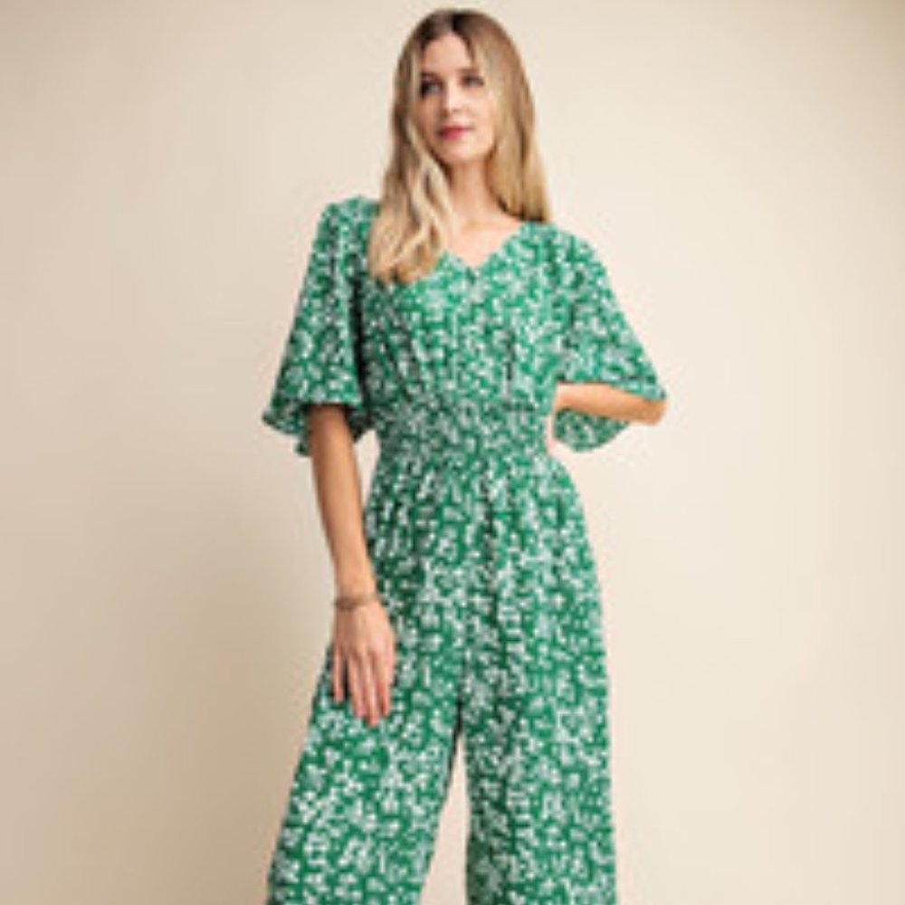Boho Green  waist smocking flared sleeve jumpsuit